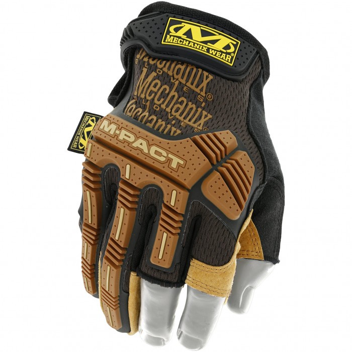 Прочные перчатки из кожи с защитой пальцев MECHANIX Work Leather M-Pact Fingerless Framer Brown
